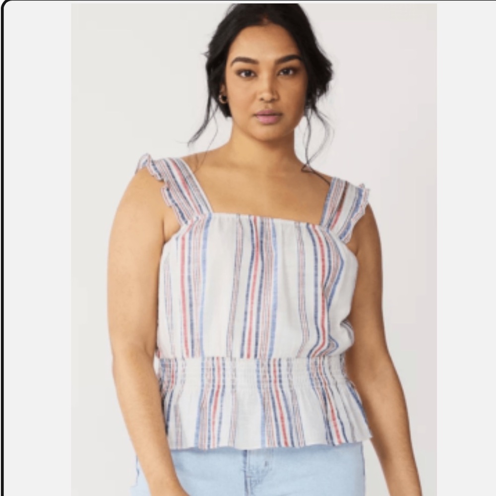 Draper James RSVP Red/Blue/Metalic Striped Squareneck Peplum Hem Sleeveless Top